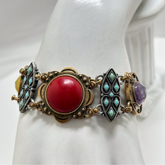 Lucky Brand, Gold Panel Bracelet With Crystals And Gemstones, Blue, Red, Purple - Picture 1 of 6